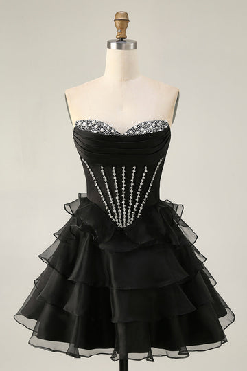 Black Strapless Corset Tiered A Line Short Prom Dress with Beading